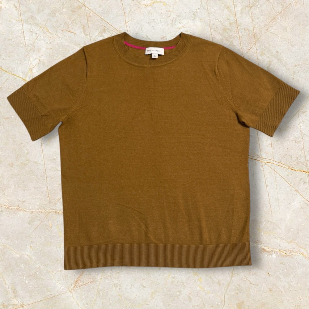 Brown Short Sleeve Sweater Ribbed Trim Large EUC